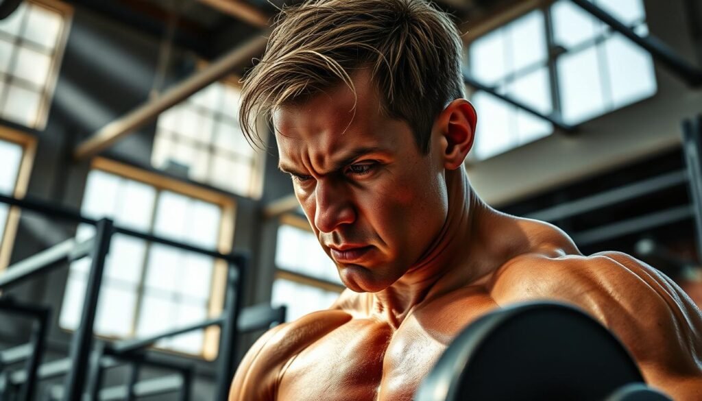 A focused athlete in mid-workout, their expression intense as they push through the challenge. Strands of hair cling to a determined brow, muscles straining under skin glistening with sweat. The gym's interior unfolds around them - metal racks, mirrored walls, the hum of machinery. Beams of light pour in through high windows, casting dramatic shadows that accentuate the dynamism of the scene. The tone is one of intense concentration and mental fortitude, capturing the essence of pushing past limits to achieve greatness.