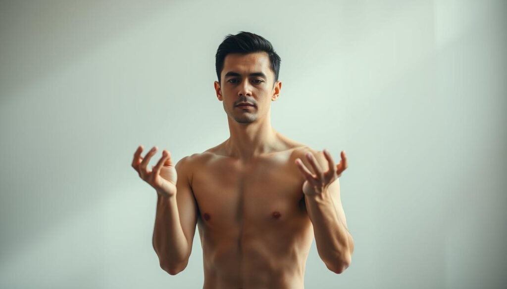A focused individual amid a serene, minimalist environment, exuding a sense of mental clarity and physical ease. Soft, directional lighting illuminates their composed expression and fluid, graceful movements as they engage in a pre-workout routine devoid of stimulants. The background blurs into a muted palette, emphasizing the figure's inner calm and the harmony between mind and body. A 16:9 composition captures the essence of "focus and lightness in training" in a visually striking, yet tranquil manner.