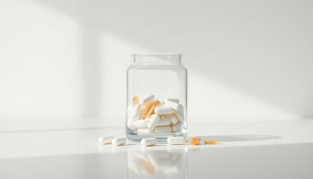 A glass container filled with calcium and vitamin D supplements, set against a clean and minimal background. The container is placed on a sleek, reflective surface, creating a sense of balance and simplicity. Soft, natural lighting illuminates the scene, highlighting the white and beige tones of the supplements. The overall composition conveys a feeling of health, wellness, and confidence. The image should be captured at a slight angle, providing a dynamic perspective that draws the viewer's attention to the focal point - the supplement container.