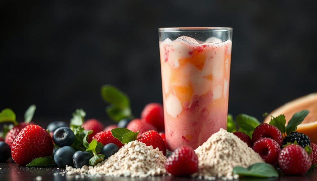 A glass containing a natural pre-workout shake, filled with vibrant colors and healthy ingredients. The liquid swirls and bubbles, reflecting the lighting that casts a warm, inviting glow. In the foreground, fresh berries, leafy greens, and a scoop of protein powder add textural interest. Crisp, clean edges and a 16:9 aspect ratio create a professional, appetizing thumbnail. The overall mood is one of energy, wellness, and a commitment to natural, performance-enhancing nutrition.