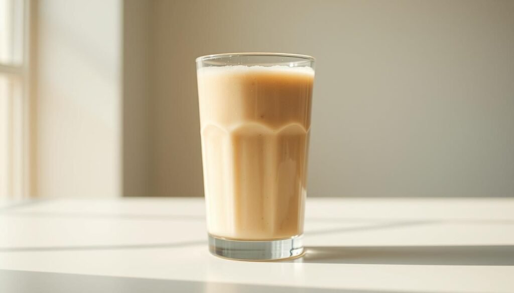 A glass filled with a creamy, natural-looking shake sits prominently on a clean, white surface. The shake's texture appears thick and smooth, with a slight froth on top, suggesting high-quality ingredients. Sunlight streams in from the side, casting a warm, diffused glow and creating subtle shadows that accentuate the shake's depth and volume. In the background, a blurred, minimalist setting allows the shake to be the focal point, emphasizing its essence as the "essential ingredient" for a natural pre-workout routine. The overall scene conveys a sense of simplicity, purity, and a confident, health-conscious approach to fitness.