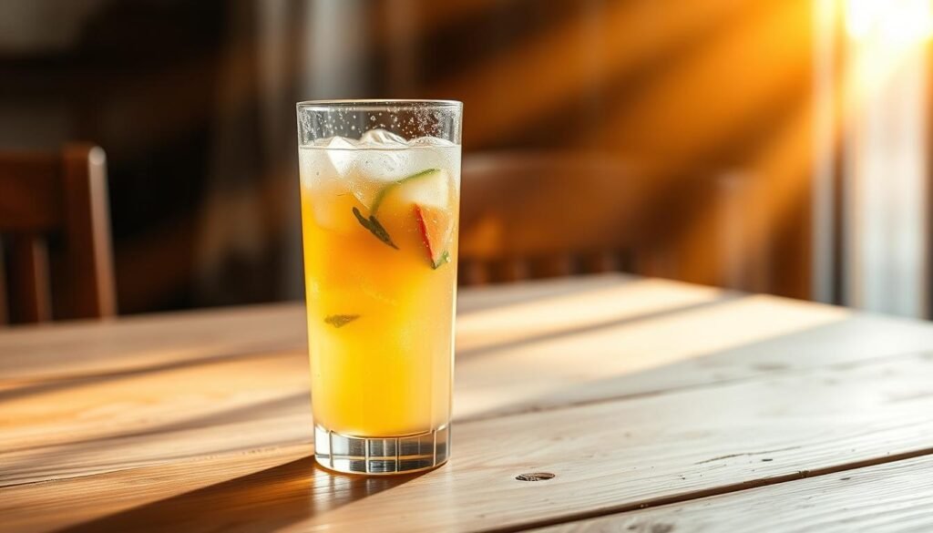 A glass filled with a vibrant, fizzy, light-colored natural pre-workout beverage sits on a wooden table. The drink features a blend of fresh fruits, herbs, and minimal added sweeteners, creating a wholesome, energy-boosting concoction. Shafts of warm, golden light stream in from a window, casting a cozy, welcoming glow on the scene. The glass is perspiring slightly, hinting at the refreshing coolness of the homemade pre-workout drink. The composition is balanced, with the beverage taking center stage, surrounded by a minimalist, rustic setting that accentuates its purity and simplicity.