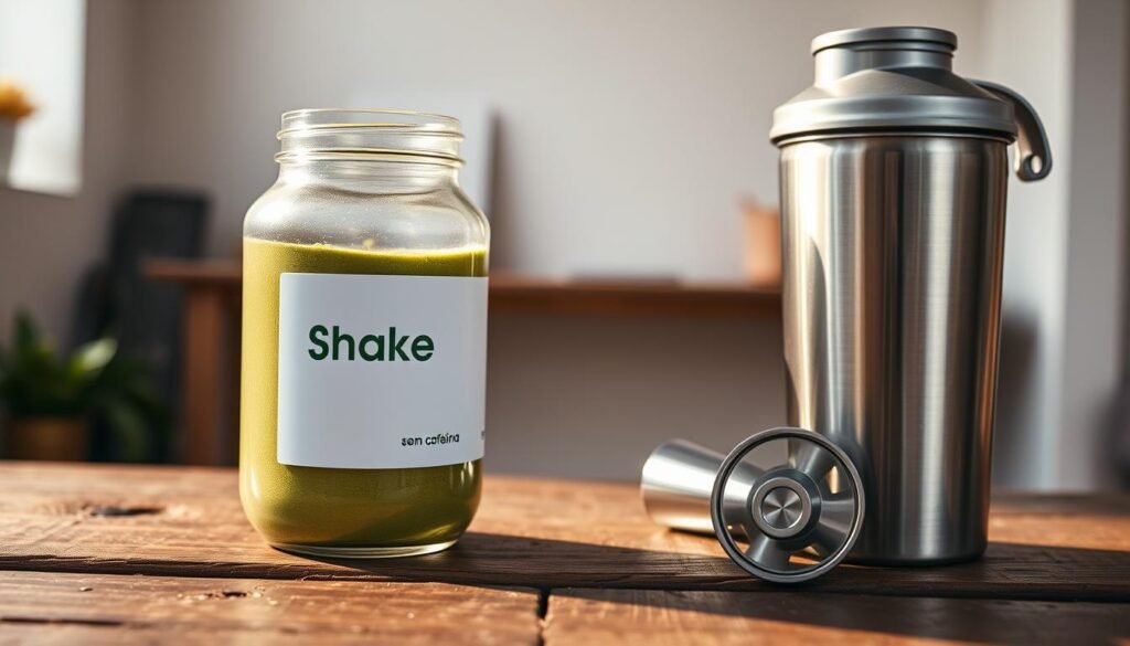 A glass jar filled with a vibrant green powder, the "shake pré-treino sem cafeína" stands prominently on a rustic wooden table. The jar's label showcases a minimalist design, highlighting the all-natural ingredients. Next to the jar, a stainless steel shaker bottle sits, ready to mix the pre-workout supplement. The scene is bathed in warm, natural lighting, casting a soft glow on the ingredients. In the background, a simple, uncluttered workspace suggests a wellness-focused environment. The overall mood is one of confidence, simplicity, and a commitment to natural health and fitness.