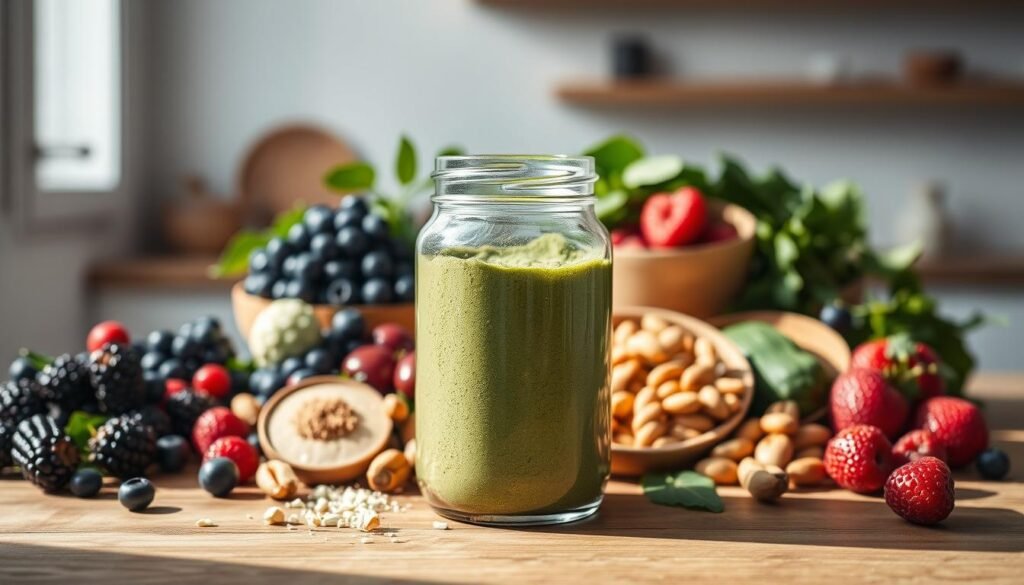 A glass jar filled with a vivid green powder stands prominently in the foreground, illuminated by soft, natural lighting. Behind it, an assortment of fresh, high-quality ingredients, such as berries, nuts, and leafy greens, are artfully arranged on a wooden surface, creating a harmonious, health-conscious composition. The background features a minimalist, airy setting, possibly a kitchen or a wellness-focused space, with clean, white walls and subtle, earthy tones that complement the overall aesthetic. The entire scene conveys a sense of balance, purity, and an active, yet calming, lifestyle, reflecting the essence of a pre-workout supplement without caffeine or refined sugar.