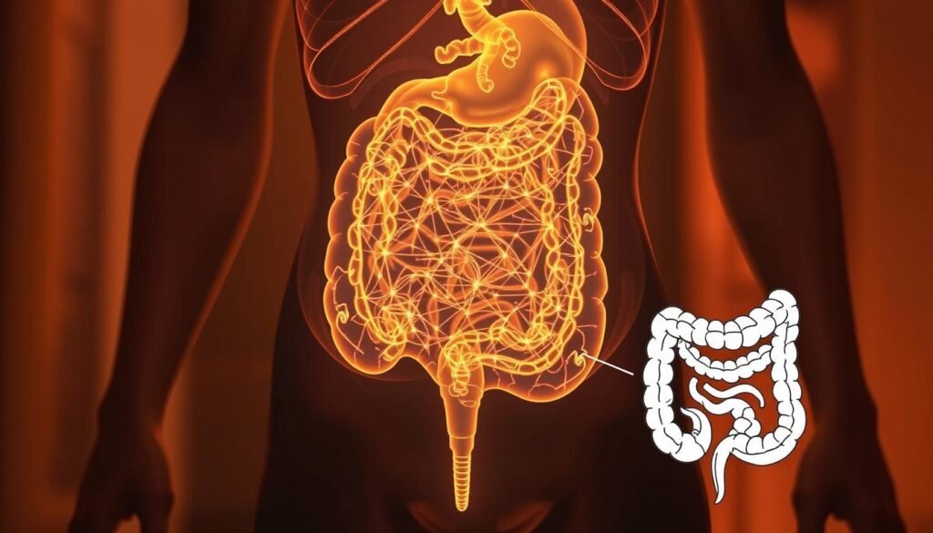 A glowing, transparent human abdomen floats in a dimly lit, ethereal setting. Intricate patterns of energy pulsate and swirl within, representing the complex mechanisms of the digestive system. The scene is bathed in a warm, amber light, creating a sense of depth and mystery. In the foreground, a delicate, hand-drawn illustration of the intestines and colon emerges, highlighting the areas prone to cramping and discomfort. The overall mood is one of introspection and understanding, inviting the viewer to explore the inner workings of the body with curiosity and empathy.