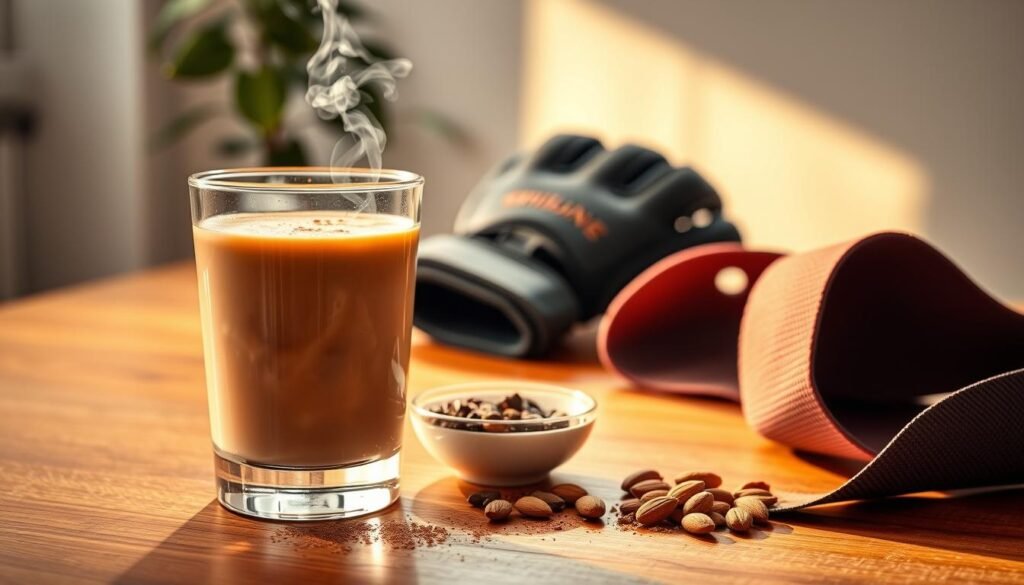 A healthy homemade pre-workout supplement on a wooden table, illuminated by warm, natural lighting. In the foreground, a glass filled with a steaming, aromatic beverage, its surface sprinkled with cinnamon. Beside it, a small bowl of raw cacao nibs and crushed almonds. In the middle ground, a pair of sturdy workout gloves and a resistance band, signifying the upcoming fitness routine. The background features a simple, minimalist setting, with a plant or two adding a touch of greenery. The overall mood is one of focused preparation, calm energy, and a commitment to holistic wellness.