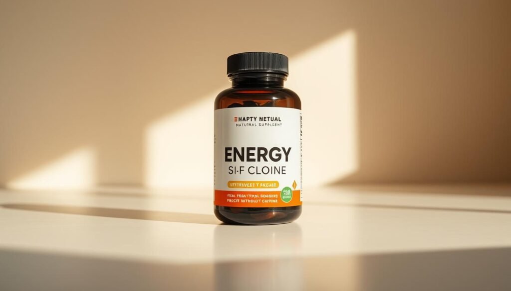 A high-quality, natural supplement bottle sitting prominently on a clean, minimalist surface, illuminated by warm, natural lighting. The bottle's label should clearly convey the product's energy-boosting properties without caffeine. The overall scene should exude a sense of health, wellness, and focus, reflecting the article's subject matter and section title.