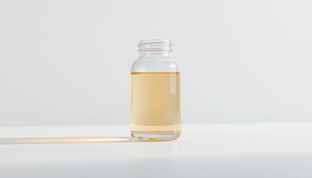 A high-resolution close-up shot of a transparent glass bottle filled with a clear, vibrant liquid against a clean, minimalist white background. The bottle is situated on a sleek, metallic surface, casting subtle reflections. The lighting is soft and diffused, creating a sense of tranquility and focus. The composition emphasizes the simplicity and purity of the supplement, conveying a sense of mental clarity and concentration. The overall mood is calm, professional, and aspirational, highlighting the product's benefits for enhanced cognitive performance without the jittery effects of caffeine.