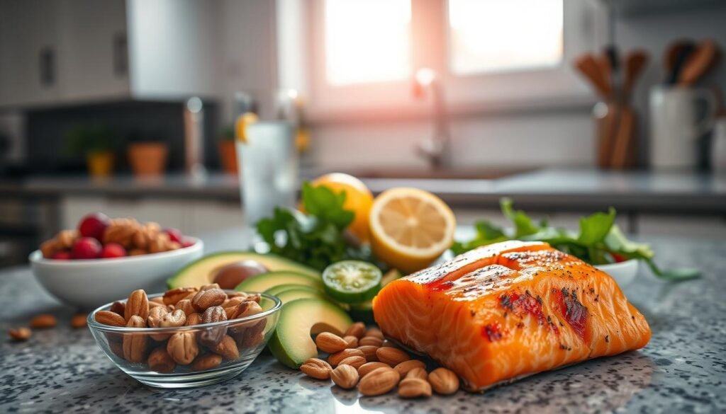 A kitchen counter with a variety of healthy, colorful ingredients for a pre-workout meal. In the foreground, a bowl of mixed nuts, sliced avocado, and grilled salmon filet. In the middle ground, a glass of water with lemon and a small bowl of fresh berries. The background features a window with soft natural lighting, casting a warm glow over the scene. The overall mood is clean, energizing, and focused, reflecting the importance of proper nutrition for a productive nighttime workout session.