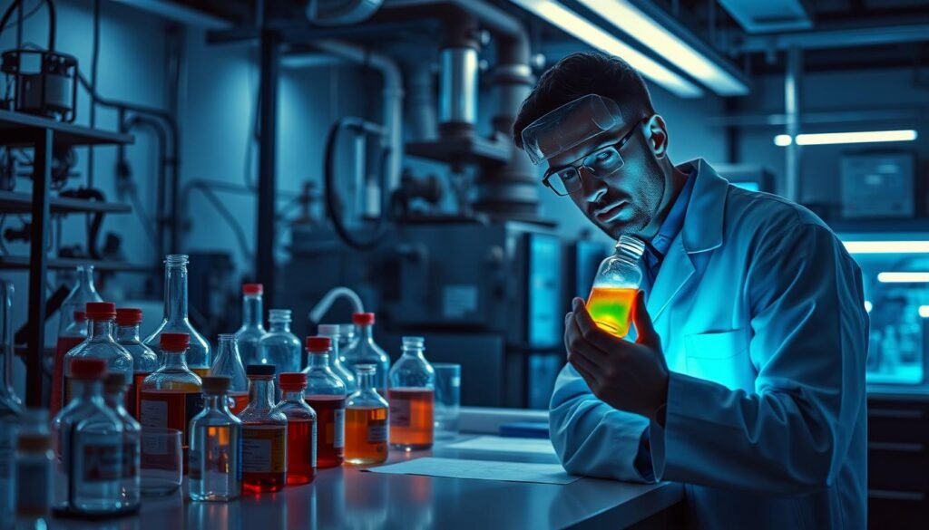 A laboratory counter cluttered with various chemical containers, beakers, and test tubes emitting an eerie glow. The foreground showcases a confident, focused scientist in a white lab coat, intently examining a vial of vibrant liquid. The background reveals a dimly lit, industrial setting with towering equipment and complex machinery, suggesting a research facility dedicated to the study of stimulants. Cool, bluish lighting casts shadows, creating a sense of intensity and scientific exploration. The scene conveys a balanced mood of curiosity, discovery, and the pursuit of understanding the nature of chemical stimulants.