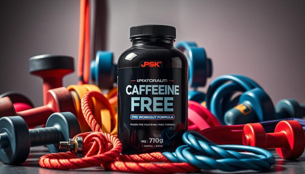 A large, glossy bottle of pre-workout supplement prominently displayed in the center, its label prominently featuring the words "Caffeine-Free" to highlight the key feature. The bottle is surrounded by an array of colorful, high-energy fitness equipment like dumbbells, resistance bands, and a jump rope, all neatly arranged to create a visually striking and dynamic composition. The lighting is bright and directional, casting dramatic shadows that add depth and visual interest. The overall mood is one of focus, determination, and a sense of empowerment, reflecting the intended purpose of the caffeine-free pre-workout formula. The 16:9 aspect ratio creates a sleek, professional-looking thumbnail image.
