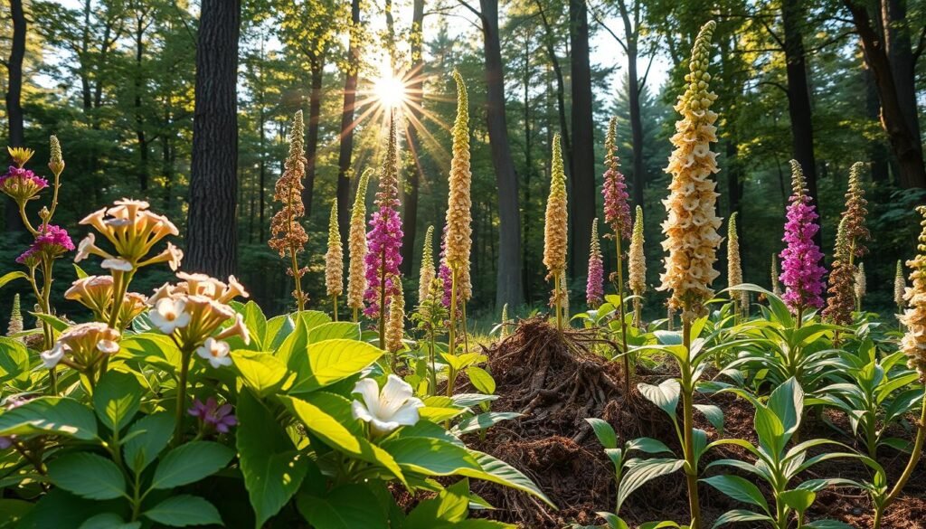 A lush, verdant botanical scene depicting a diverse array of adaptogenic herbs. In the foreground, clusters of vibrant green leaves and delicate flowers in shades of pink, purple, and white. In the middle ground, towering stalks of ginseng, ashwagandha, and rhodiola rise majestically, their roots firmly anchored in the rich, earthy soil. The background features a serene, sun-dappled forest, with dappled light filtering through the canopy of towering trees. The overall composition conveys a sense of balance, vitality, and the restorative power of nature. The scene is captured with a warm, golden-hour lighting, casting a soft, gentle glow over the entire tableau. The image invites the viewer to explore and immerse themselves in the world of adaptogenic herbs.