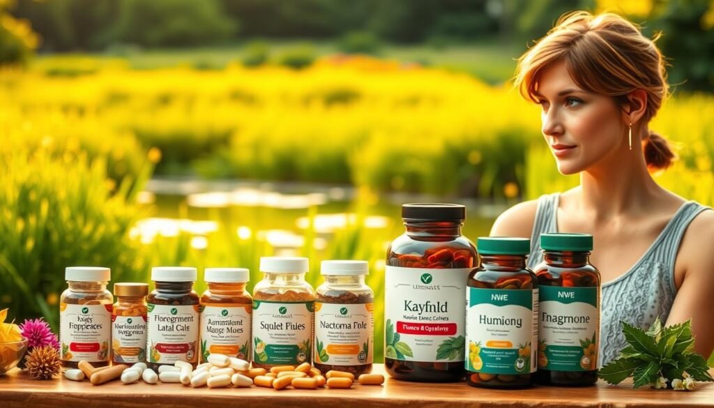 A lush, verdant landscape with a serene pond reflecting the warm, golden rays of the sun. In the foreground, a vibrant array of natural supplements in glass bottles, their labels showcasing the key ingredients that work in harmony to help balance hormones. The middle ground features a confident, knowledgeable individual gazing thoughtfully at the supplements, conveying the benefits of this natural approach. Soft, diffused lighting creates a calming, naturalistic atmosphere, inviting the viewer to embrace the power of nature's remedies for hormonal well-being.
