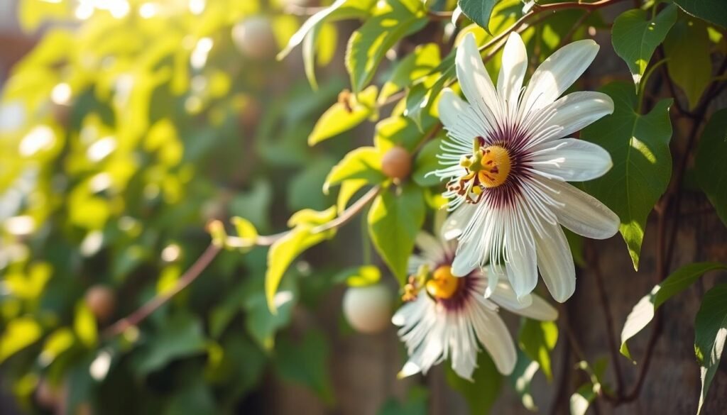 A lush, vibrant passiflora vine sprawls across the frame, its intricate flowers in full bloom. Soft, dappled sunlight filters through the leaves, casting a warm, calming glow. The passiflora's delicate petals and intricate structures are rendered in vivid detail, inviting the viewer to appreciate its intricacy and natural beauty. The composition emphasizes the plant's tranquil presence, evoking a sense of serenity and relaxation. The background is pleasantly blurred, allowing the passiflora to take center stage and captivate the viewer's attention.
