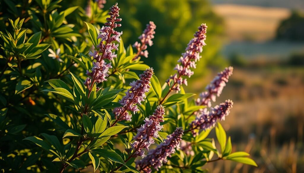A lush, vibrant plant with dark green, palmate leaves and delicate lavender flowers arranged in upright, terminal clusters. The plant is highlighted by soft, directional lighting casting long shadows, creating a sense of depth and dimension. The scene is captured in a warm, golden-hour glow, conveying a sense of natural tranquility. The plant is the focal point, surrounded by a blurred, hazy background that suggests a pastoral setting. The overall composition and lighting evoke an air of medicinal potency and ancient herbal wisdom associated with the Vitex agnus castus plant.