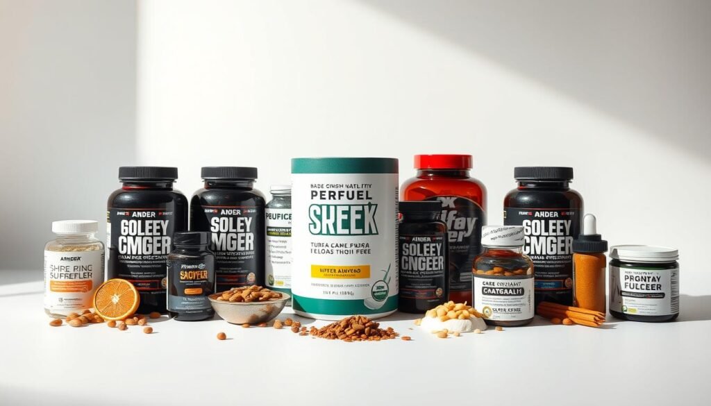 A meticulously crafted array of nutritional supplements, thoughtfully designed to provide a clean, caffeine-free boost to power intense workout sessions. Arranged on a minimalist white backdrop, the supplements exude an aura of professionalism and efficacy. Warm, directional lighting casts subtle shadows, emphasizing the sleek, modern packaging. The composition is balanced, with the products taking center stage, conveying a sense of strength, focus, and a dedication to performance enhancement through natural, stimulant-free means. The overall mood is one of confidence, discipline, and a commitment to optimizing physical potential without relying on potentially harsh stimulants.