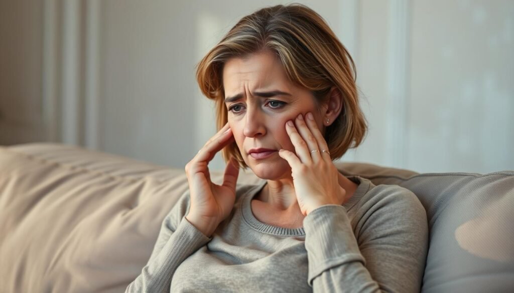 A mid-adult woman experiencing perimenopause symptoms, her face expressing discomfort and concern. She is seated comfortably on a soft beige couch, with a warm lighting illuminating her features. The background is a calming, neutral-toned interior with subtle textures, creating a sense of introspection and self-care. The scene conveys a thoughtful, relatable portrayal of the physical and emotional challenges associated with the perimenopause transition.