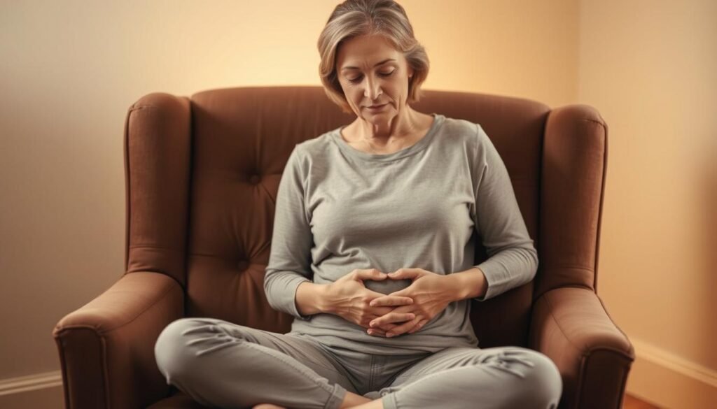 A middle-aged woman sitting cross-legged on a plush armchair, her expression serene and contemplative. Warm, diffused lighting illuminates her face, accentuating her features. In the background, soft, muted colors create a calming atmosphere, evoking a sense of tranquility. The woman's posture suggests an inner harmony, as she gently massages her lower abdomen, relieving the discomfort of menstrual cramps during perimenopause. The scene conveys a sense of self-care and resilience in the face of hormonal changes.