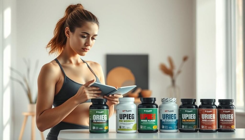 A modern, minimal interior studio scene featuring a confident woman thoughtfully examining various pre-workout supplements without caffeine. Soft, natural lighting illuminates the scene, creating a serene atmosphere. The woman stands in the foreground, dressed in activewear, her expression contemplative as she compares the supplement labels. In the middle ground, an assortment of pre-workout bottles in different flavors and formulations are neatly arranged on a clean, white surface. The background features subtle, blurred decor elements that complement the minimalist aesthetic. The overall composition emphasizes the woman's focused decision-making process in selecting the ideal caffeine-free pre-workout for her fitness needs.