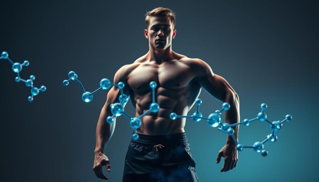 A muscular, athletic person standing tall and confident, their body glowing with an energetic, blue-tinted aura. In the foreground, beta-alanine molecules dance and swirl, their chemical structure shimmering with a soft, ethereal light. The background fades into a serene, minimalist setting, accentuating the subject's powerful presence. Dramatic, low-angle lighting casts dramatic shadows, heightening the sense of intensity and dynamism. The overall mood is one of focused determination and the unleashing of pure, unadulterated energy.