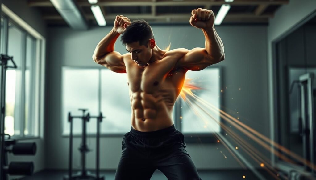 A muscular individual performing dynamic exercises with a vibrant, glowing aura emanating from their body, showcasing the energizing effects of Peruvian maca root on physical performance. The foreground depicts the figure in a powerful, explosive movement, with beams of light accentuating their athletic physique. The middle ground features a subtly blurred backdrop of a modern, minimalist gym setting, allowing the subject to be the focal point. The overall scene conveys a sense of enhanced vitality, strength, and endurance, aligning with the article's subject and section title.