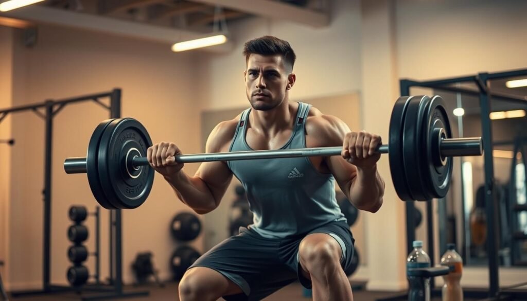 A muscular man performing a barbell squat in a well-lit gym, his face focused and determined. The background features sleek, modern fitness equipment and a minimalist design, emphasizing the subject's dedication to his strength training routine. Warm, diffused lighting creates a sense of energy and vitality, while the camera angle captures the dynamic motion of the exercise. The man wears a tank top and shorts, showcasing his physique, and a water bottle sits nearby, hinting at his hydration regime. The overall scene conveys an atmosphere of disciplined, caffeine-free fitness, reflecting the article's subject of strength training with non-stimulant supplements.