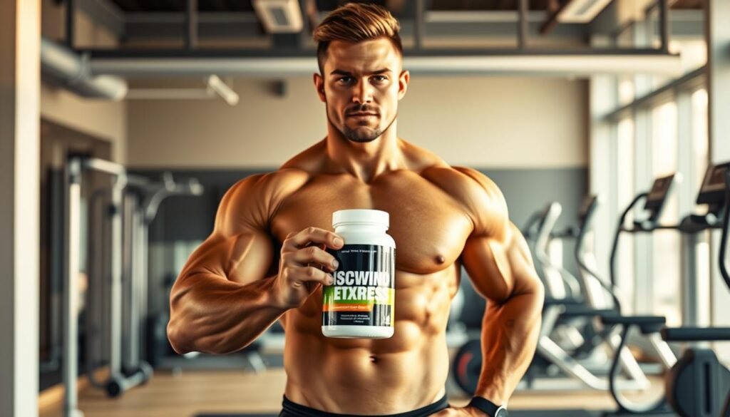 A muscular person standing confidently, holding a jar of nutritional supplements in their hand, surrounded by a well-equipped fitness studio. Warm, natural lighting illuminates the scene, highlighting the person's determined expression. The background features high-tech exercise equipment and a sleek, minimalist design, creating a modern, professional atmosphere. The focus is on the person's powerful stance and the supplements, conveying the idea of using supplements to boost energy and performance during a workout routine.