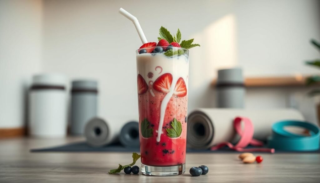 A natural, caffeine-free energy shake in a tall glass, filled with vibrant ingredients like fresh berries, leafy greens, and creamy almond milk. The shake is positioned in the foreground, lit from the side with soft, warm lighting to highlight its rich, inviting colors. In the middle ground, a set of minimalist, modern workout equipment like yoga mats and resistance bands suggests a post-workout refreshment. The background features a clean, serene space with white walls and natural wood accents, creating a calming, health-conscious atmosphere.