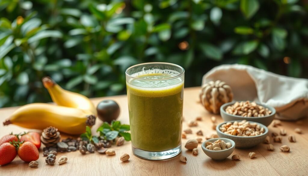 A natural pre-workout shake placed prominently on a bright wooden table, surrounded by fresh fruits, nuts, and superfoods. The liquid is a vibrant, earthy green hue with a frothy texture, casting a warm glow from the soft, diffuse lighting. The table is set against a backdrop of lush, verdant foliage, creating a serene, nature-inspired atmosphere. The overall composition is simple yet elegant, highlighting the wholesome, unprocessed ingredients and the health-conscious ethos of the scene.