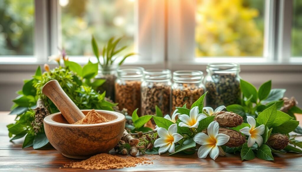 A neatly organized tabletop display showcasing an assortment of adaptogenic herbs, their lush foliage and delicate flowers. The foreground features a mortar and pestle with freshly ground powder, while the middle ground showcases a collection of glass jars containing the various herbs. The background depicts a softly lit, natural environment, with rays of warm sunlight filtering through the window. The overall mood is one of tranquility and wellness, inviting the viewer to explore the potential of these cognitive-enhancing botanicals. The composition is balanced and visually appealing, highlighting the beauty and potential of these adaptogenic plants.