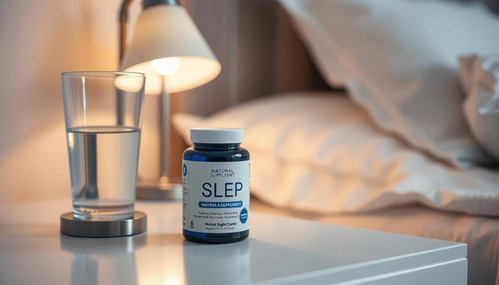 A nightstand with a peaceful, minimalist design features a glass of water, a small lamp, and a bottle of natural sleep supplement. The lighting is soft and warm, creating a serene, relaxing atmosphere. The supplement bottle has a simple, uncluttered label, conveying a sense of purity and effectiveness. The scene is shot from a slightly elevated angle, emphasizing the importance of the sleep aid and suggesting its role in promoting a healthful, restful night's sleep. The background is blurred, keeping the focus on the nightstand and its contents, which are the centerpiece of the image.