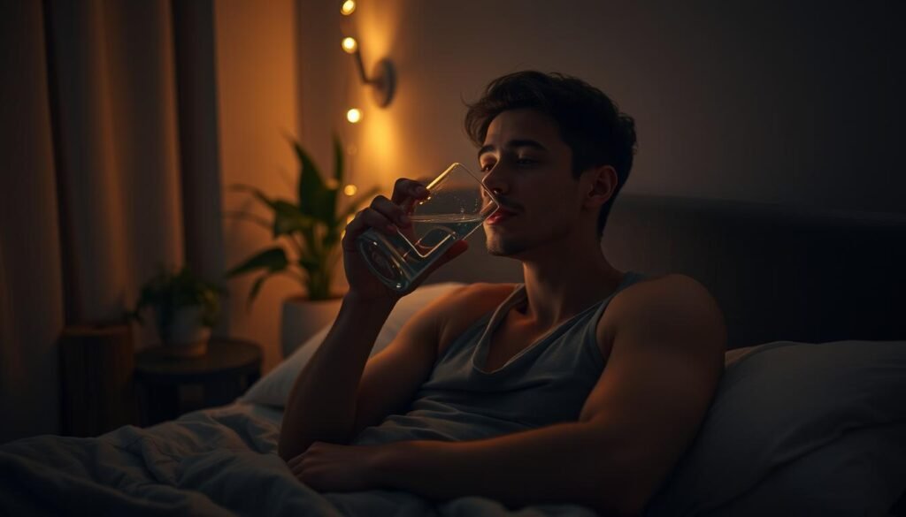 A nighttime scene featuring a confident, hydrated individual enjoying a revitalizing evening. Set in a cozy, dimly lit bedroom, the focal point is a person sipping water from a glass, surrounded by soothing elements like potted plants, soft textiles, and a warm, muted color palette. The lighting is gentle, casting a golden glow and creating a calming, restorative atmosphere. The camera angle is slightly elevated, giving a sense of tranquility and introspection. Overall, the image conveys the importance of nighttime hydration for boosting morning energy levels.