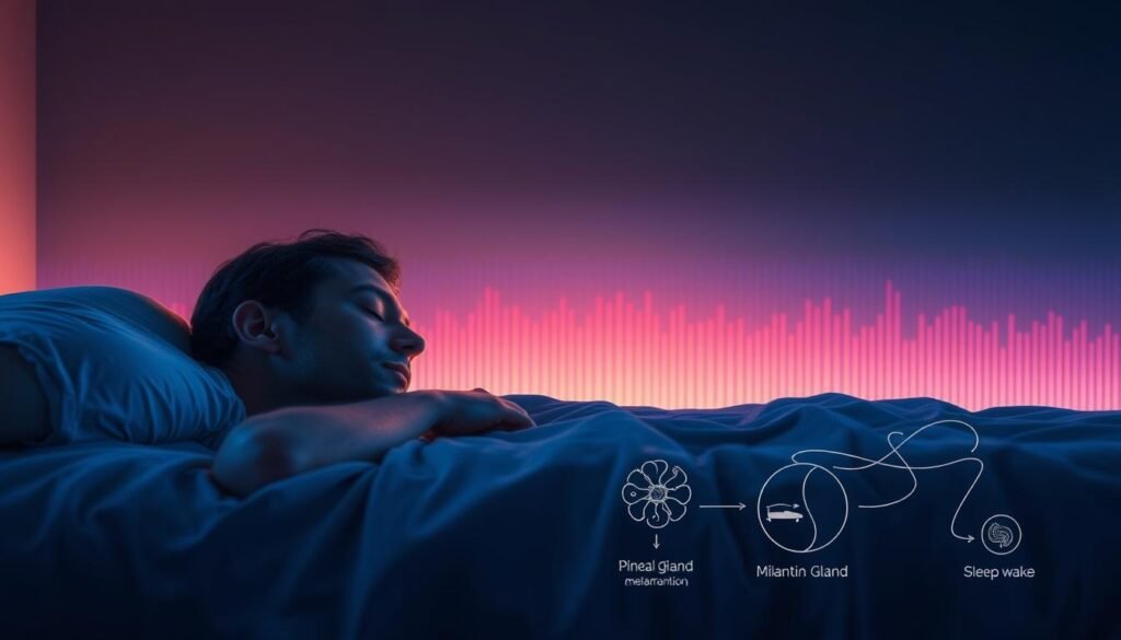 A panoramic view of a sleeping human figure, gently illuminated by a soft, warm glow. In the background, a stylized representation of the circadian rhythm, with a gradient of colors pulsing in a rhythmic pattern, symbolizing the ebb and flow of the body's natural cycles. The foreground features delicate line art illustrations of the biological processes underlying the circadian clock, including the pineal gland, melatonin production, and the sleep-wake cycle. The overall atmosphere is one of contemplation and understanding, inviting the viewer to explore the intricacies of the human body's natural rhythms.