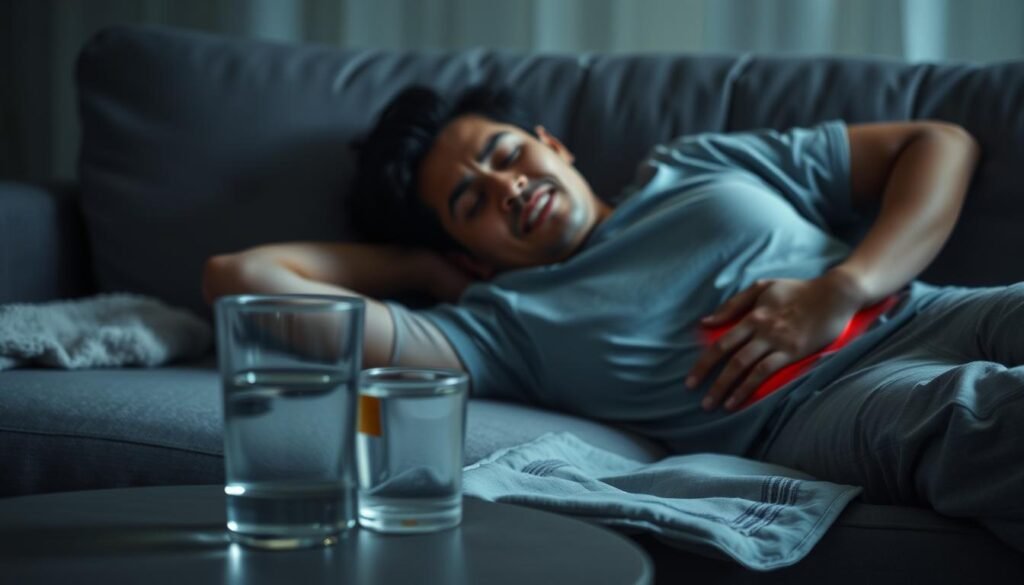 A person lying on a couch, their face etched with discomfort, as a wave of abdominal pain sweeps over them. The lighting is soft and muted, casting a somber, introspective mood. In the foreground, a glass of water and a heating pad sit on a side table, offering temporary relief. The background is blurred, emphasizing the individual's isolation and focus on their personal struggle. The composition captures the impact of intense abdominal cramps on one's quality of life, conveying a sense of vulnerability and the desire for respite.