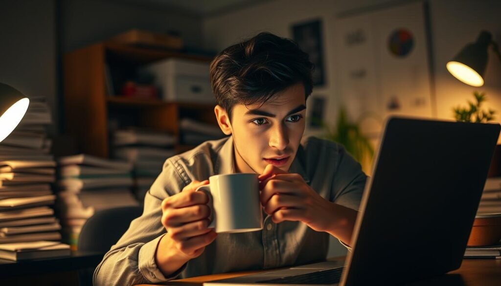 A person sitting at a desk, clutching a mug of steaming coffee, their gaze fixed intently on a laptop screen. The lighting is warm and slightly dimmed, casting a soft, inviting glow over the scene. The background is blurred, but hints at a cluttered office space, with stacks of papers and a few potted plants visible. The subject's expression conveys a sense of urgency and a hint of anxiety, reflecting the dependence on caffeine to maintain focus and productivity. The composition is tightly framed, emphasizing the person's intense connection to the coffee cup and the task at hand. The overall atmosphere is one of both productivity and a slight sense of unease, capturing the nuances of caffeine dependency.