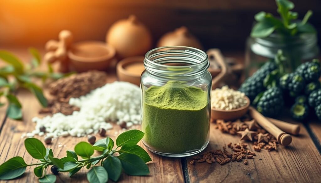 A pristine glass jar filled with a vibrant, emerald-green powder sits on a rustic wooden table. Surrounding it are an array of fresh, organic ingredients - from aromatic herbs and spices to nutrient-rich superfoods. The lighting is warm and inviting, casting a gentle glow on the scene. The composition is clean and balanced, highlighting the natural, homemade essence of this caffeine-free pre-workout recipe. The overall atmosphere conveys a sense of health, wellness, and uncompromising quality, inspiring the viewer to create their own natural, energizing concoction.