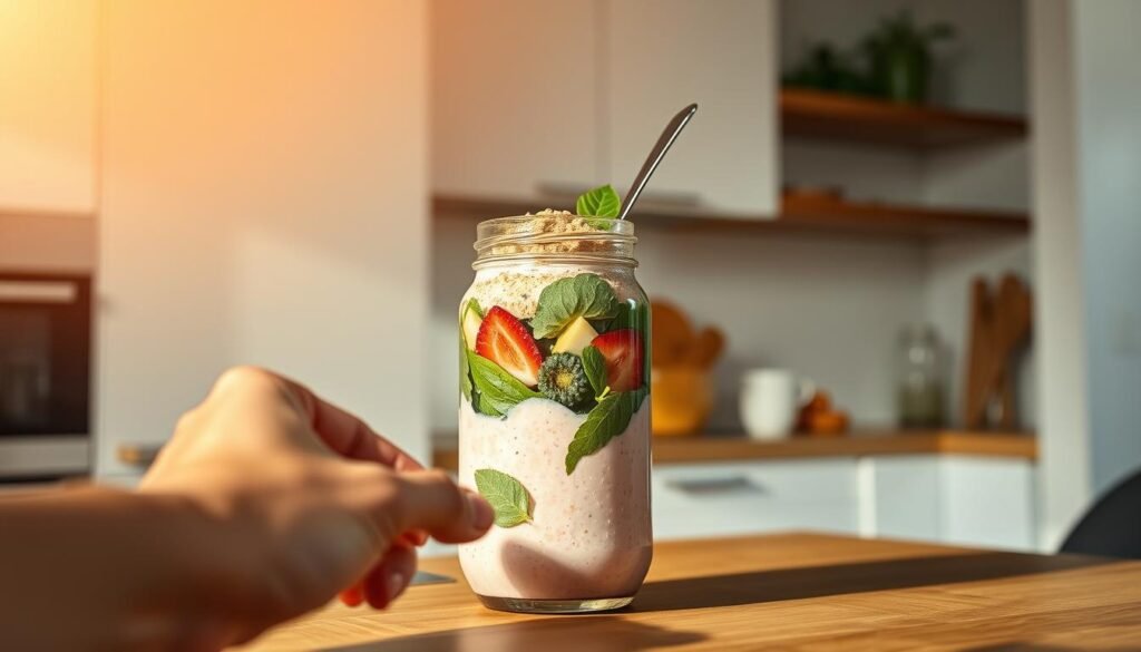A pristine glass jar filled with a vibrant, frothy shake stands prominently on a wooden table, its contents a combination of fresh fruits, leafy greens, and a scoop of natural protein powder. The lighting is soft and warm, casting a natural glow over the scene. In the foreground, a confident hand holds a stainless steel spoon, ready to stir and enjoy the homemade pre-workout concoction. The background features a minimalist, clean-lined kitchen, emphasizing the simplicity and healthfulness of the preparation. The overall atmosphere exudes a sense of wellness, vitality, and a commitment to natural, stimulant-free performance optimization.
