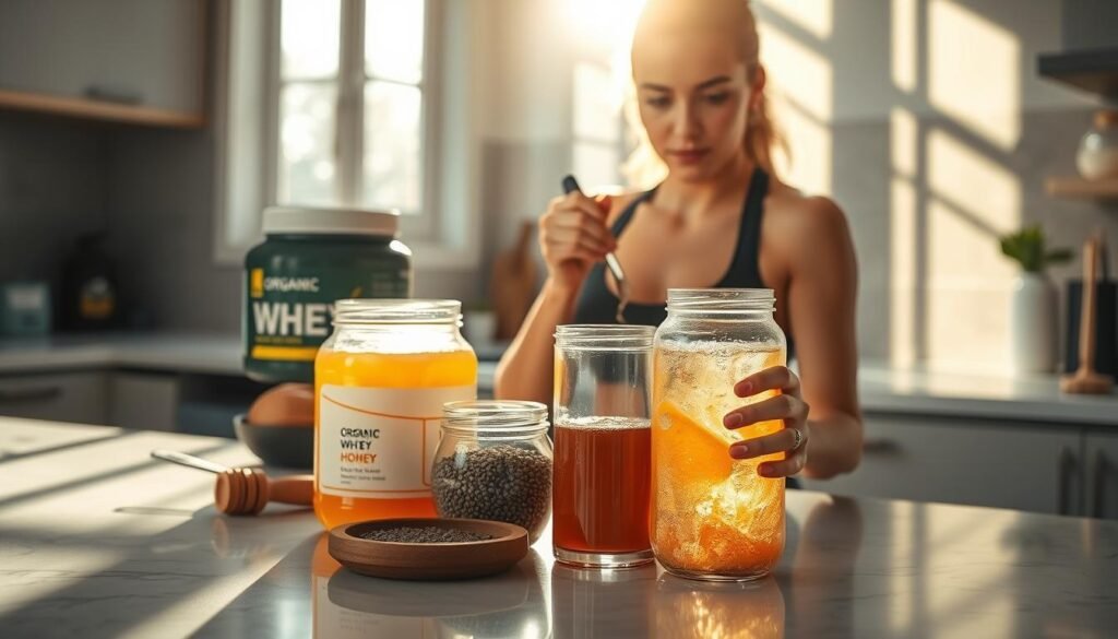 A pristine kitchen counter, adorned with an array of natural ingredients - organic whey protein, raw honey, chia seeds, and a glass jar filled with a vibrant, effervescent liquid. Sunlight streams in through a nearby window, casting a warm, inviting glow over the scene. In the foreground, a confident individual, clad in workout attire, carefully measures and mixes the elements, their expression one of focused determination. The resulting pre-workout concoction, a testament to the power of natural fuels, sits ready to propel the individual through an invigorating training session, fueled by a steady, natural energy.
