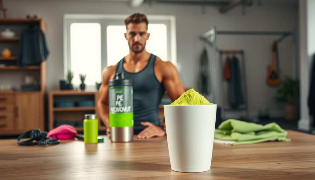 A pristine white cup filled with a vibrant, neon-green pre-workout powder stands in the foreground, casting a soft, ambient glow. Behind it, a sleek, stainless steel shaker bottle rests on a minimalist, scandinavian-inspired wooden table, surrounded by various health and fitness accessories. The middle ground features a confident, athletic individual, dressed in a form-fitting workout outfit, gazing intently at the camera with a determined expression. The background showcases a modern, well-equipped home gym, with clean lines, natural lighting, and a sense of motivational energy. The overall scene conveys a sense of focus, health, and a dedication to a caffeine-free, performance-driven lifestyle.