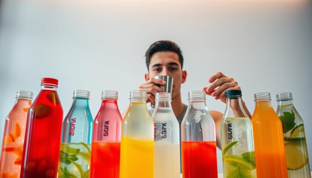 A refreshing pre-workout hydration station set against a sleek, minimalist backdrop. In the foreground, an array of clear glass bottles filled with vibrant, electrolyte-infused liquids, their contents casting a soft, ambient glow. The middle ground features a confident individual, their face partially obscured, sipping from a stainless steel tumbler, radiating an aura of focused determination. The background is a clean, white-walled space, bathed in warm, diffused lighting, creating a sense of tranquility and purpose. The composition is balanced, with the hydration elements taking center stage, complementing the model's steady, unwavering presence. Crisp, high-contrast details and a sense of refined simplicity evoke the theme of "Dicas para potencializar o efeito".
