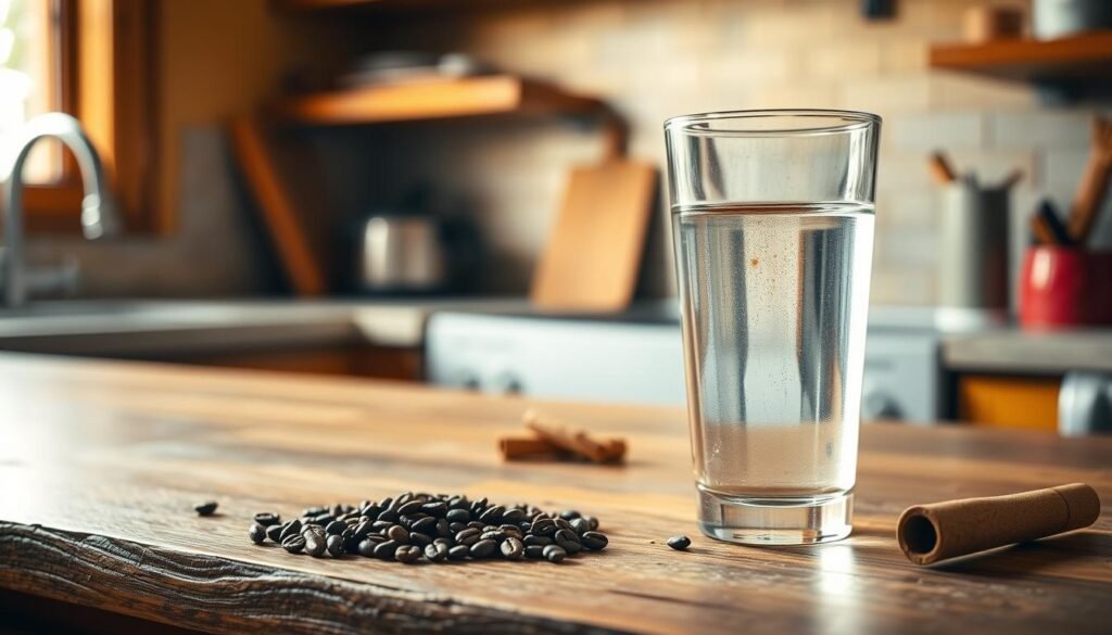 A rustic kitchen countertop with a simple homemade pre-workout supplement made from freshly ground coffee beans, cinnamon, and a glass of water. Soft natural lighting from a nearby window casts a warm glow, highlighting the vibrant colors and textures. The scene conveys a sense of simplicity, health, and an active lifestyle. In the foreground, the homemade pre-workout stands ready, a testament to the user's dedication to their fitness goals. The overall mood is one of confidence and determination, inviting the viewer to be inspired and empowered to take charge of their own wellness routine.