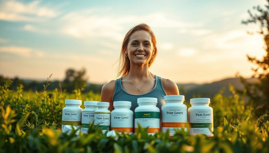 A serene and balanced composition showcasing the importance of hormone supplementation. In the foreground, a confident woman stands amidst a lush, verdant landscape, her expression radiating inner harmony. The middle ground features an arrangement of various dietary supplements, each glowing with a soft, natural light. In the background, a tranquil sky with wispy clouds sets the calming mood. Warm, golden tones throughout the scene evoke a sense of well-being and wholeness. Crisp, sharp focus draws the viewer's attention to the central elements, while the overall aesthetic is clean, modern, and visually appealing.