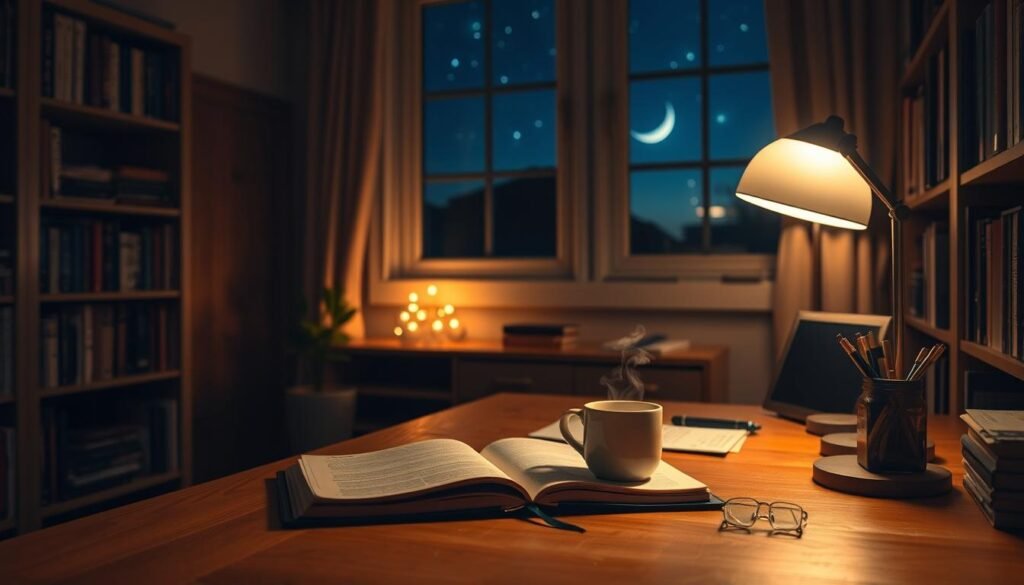 A serene and cozy nighttime scene with a study or home office. Soft, warm lighting emanates from a desk lamp, casting a gentle glow on the wooden surface and surrounding shelves. An open notebook, a steaming mug, and a thoughtful expression on the face of a person sitting at the desk, contemplating the contents of the notebook. Bookshelves line the walls, hinting at a love of learning and inquiry. Through a window, the night sky is visible, with a crescent moon and twinkling stars adding to the tranquil atmosphere. The overall mood is one of focused introspection and nourishing self-care, reflecting the essence of a "nighttime supplement" to support wellness and personal growth.