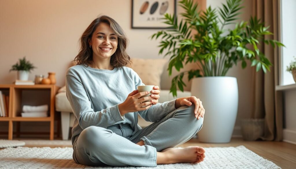 A serene and inviting scene showcasing a confident woman relaxing in a cozy home, surrounded by natural elements that evoke a sense of balance and wellness. Warm, soft lighting illuminates her tranquil expression as she sits cross-legged, a cup of herbal tea in hand. In the background, a vibrant, lush indoor plant adds a touch of greenery, symbolizing the nourishing benefits of tryptophan. The overall atmosphere is one of mindfulness, self-care, and the positive impact of this vital nutrient on the female psyche.