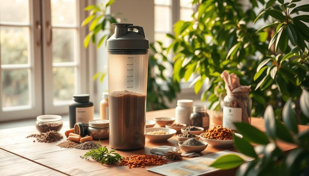 A serene and natural workspace, illuminated by soft, golden light filtering through large windows. On a wooden table, an array of herbal supplements and adaptogens are neatly arranged, their vibrant colors and textures beckoning exploration. A sleek, metal shaker bottle stands ready, filled with a nourishing pre-workout blend. The scene exudes a sense of balance and intentionality, inviting the viewer to embark on a holistic fitness journey. In the background, lush, verdant foliage frames the composition, conveying a connection to the earth's bounty. The overall atmosphere is one of calm confidence, radiating a sense of wellness and vitality.
