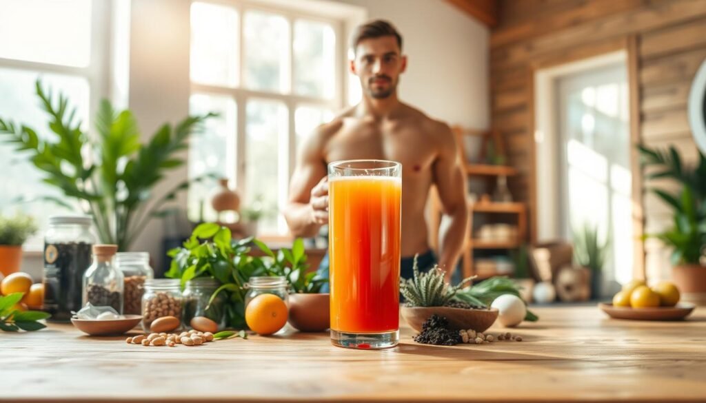 A serene and natural workspace, with a wooden table or desk in the foreground, showcasing a variety of natural supplements and organic ingredients. In the middle ground, a fit and focused individual stands, holding a glass filled with a vibrant, healthy-looking beverage. The background features a warm, sun-dappled indoor setting, with natural light filtering through large windows, creating a sense of tranquility and well-being. The overall mood is one of balance, clarity, and a dedication to holistic wellness. The image should convey the idea of a natural, stimulant-free pre-workout supplement that enhances focus and energy without compromising lightness or serenity.
