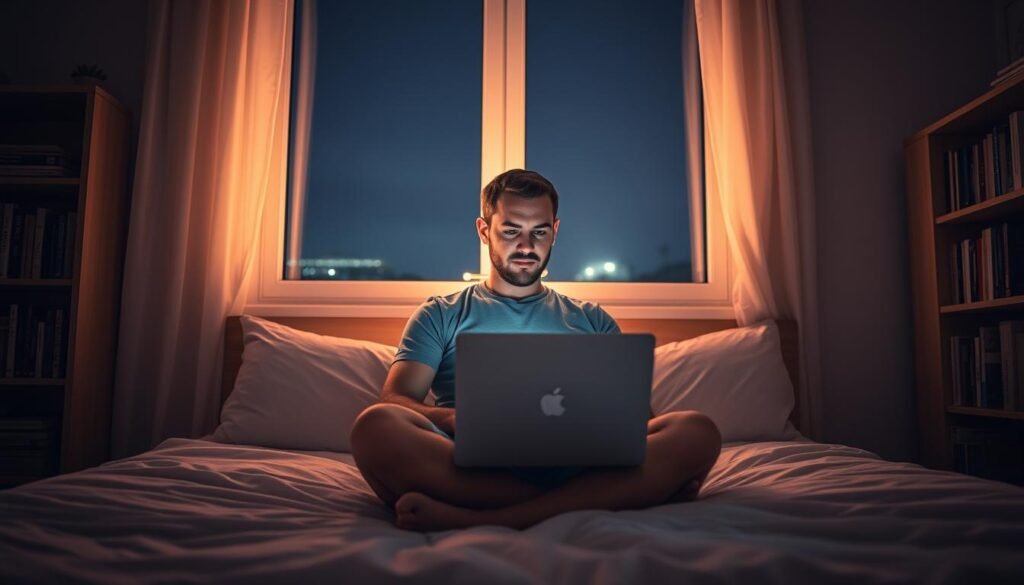 A serene bedroom at night, the window frame casting a warm glow across the cozy space. A confident person sits upright in bed, engrossed in their work, a laptop glowing softly on their lap. Soft, indirect lighting illuminates the scene, creating a contemplative atmosphere. The bedsheets are crisp and clean, reflecting the person's focus and organization. Bookshelves line the walls, hinting at a thirst for knowledge. Outside, the night sky is visible, a gentle reminder of the tranquility and potential of the evening hours. The composition draws the viewer's eye to the person, showcasing their determined expression and productive mindset, emphasizing the importance of nighttime productivity.