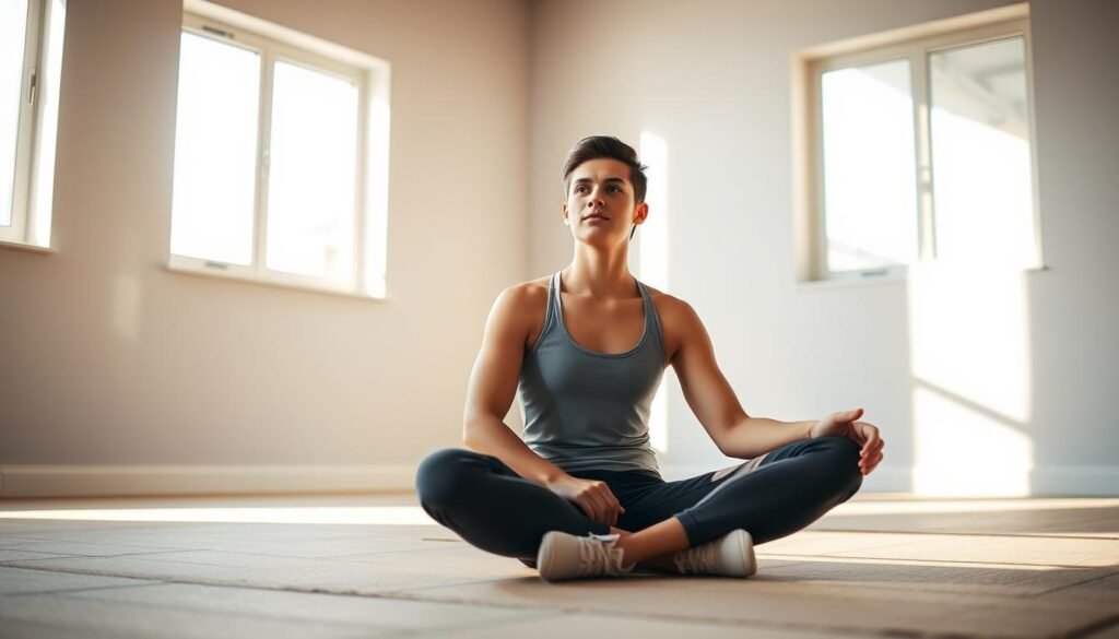 A serene indoor setting with natural lighting streaming through large windows, casting a warm glow on a person sitting cross-legged on the floor in a contemplative pose. The individual, dressed in comfortable activewear, appears calm and focused, with a subtle expression of understanding and introspection. The background is a minimalist, neutral-toned room, creating a sense of tranquility and introspection. The camera angle is slightly elevated, giving a sense of perspective and emphasizing the subject's thoughtful state of mind. The overall atmosphere conveys the importance of understanding and managing anxiety before engaging in physical activity.