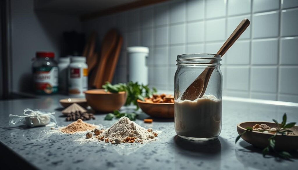 A serene kitchen counter, dimly lit with soft overhead lighting, showcases an assortment of natural ingredients - powdered supplements, fresh herbs, a glass jar, and a wooden spoon gracefully stirring the homemade pre-workout formula. The scene exudes a calming, almost meditative atmosphere, inviting the viewer to feel the tranquility of the moment. The camera angle is slightly elevated, capturing the preparation process from an unobtrusive yet compelling perspective. The image conveys a sense of self-care, wellness, and the rewarding experience of crafting one's own natural pre-workout supplement.