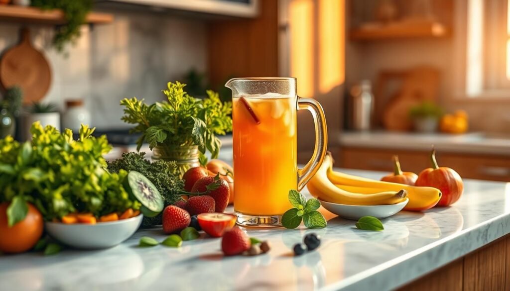 A serene kitchen counter showcases a tempting array of natural ingredients - vibrant fruits, fresh greens, and a glass pitcher brimming with a refreshing, caffeine-free potion. Bathed in warm, golden light, the scene exudes a sense of balance and vitality. The composition is crisp and clean, with a focus on the central pitcher, surrounded by carefully arranged complementary elements. The overall mood is one of energy, clarity, and a holistic approach to fueling the body. The image captures the essence of a nourishing, stimulant-free pre-workout recipe, inviting the viewer to experience the benefits of a natural, wholesome approach to peak performance.